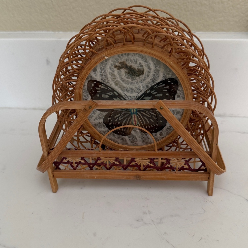 Vintage Rattan and Bamboo Coasters in Caddy Set of 6